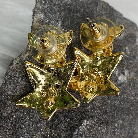 Vintage Gold Tone Angel on Star Pierced Earrings Rhinestones - Picture 8 of 8